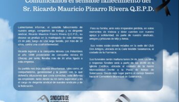 COMUNICAMOS EL SENSIBLE FALLECIMIENTO DEL SR. RICARDO MAURICIO PIZARRO RIVERA Q.E.P.D.