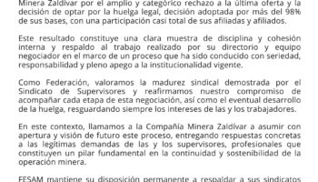 COMUNICADO PÚBLICO FESAM RESPALDA LA VOTACIÓN DE HUELGA DEL SINDICATO DE SUPERVISORES DE MINERA ZALDÍVAR